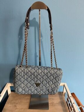 GUESS Quilted Light Blue Denim Shoulder Bag with Chain Straps